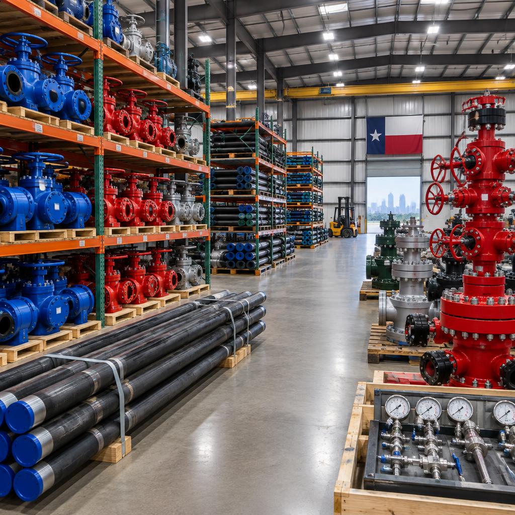 Warehouse with oilfield valves and wellhead equipment ready for inspection