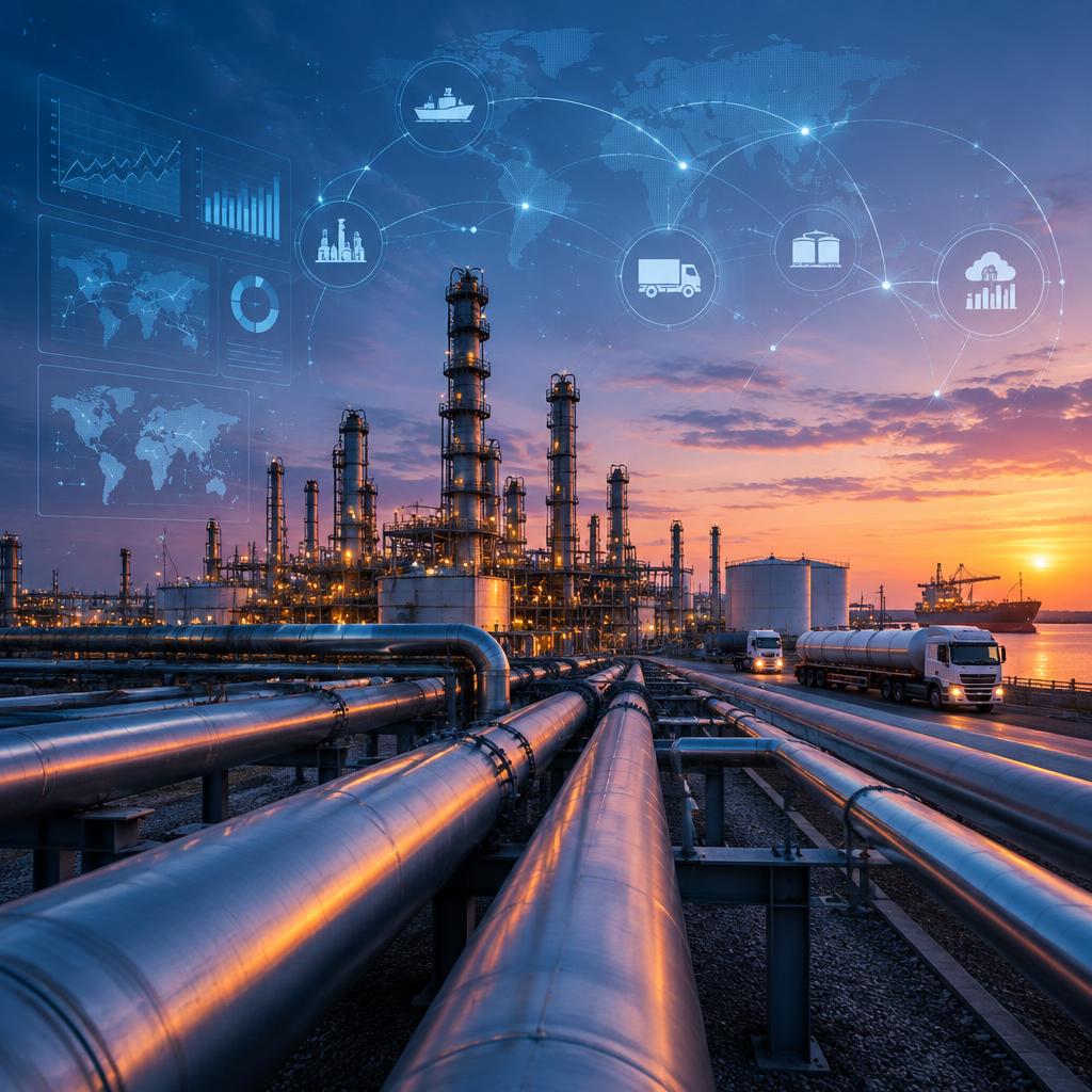 Modern refinery and digital supply chain network representing oil and gas procurement