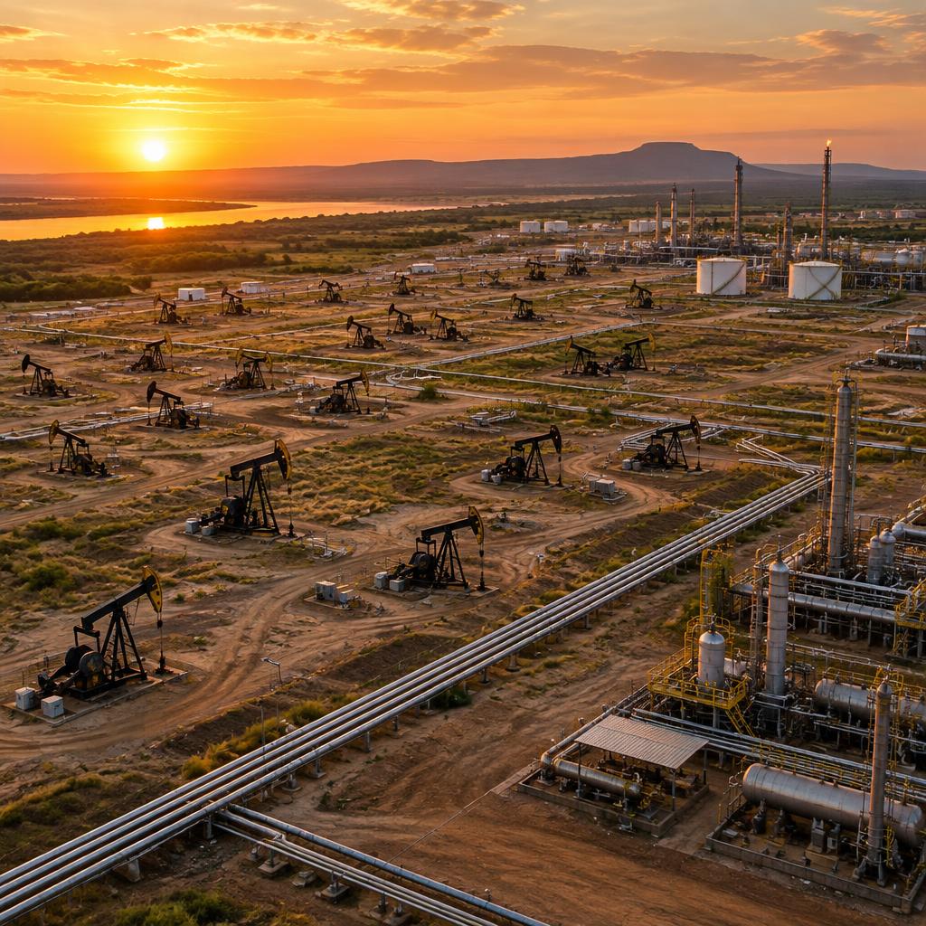 Vast Venezuelan oilfield at sunset illustrating the scale of the country's proven reserves